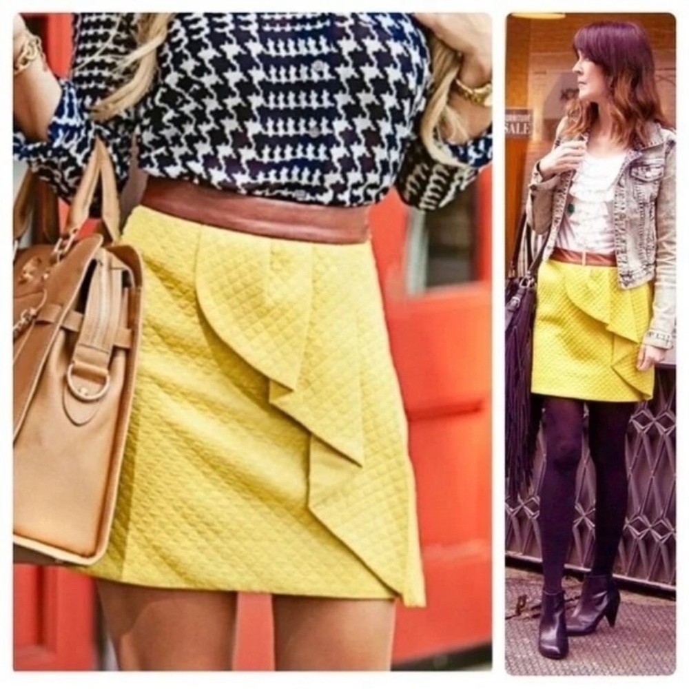 NWT Anthropologie HD In Paris Yellow Textured Petal Skirt Faux Leather Waist 2